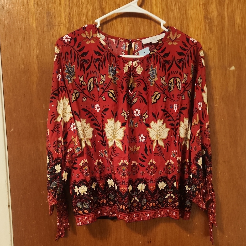 LOFT Red Graphic Long Sleeve Blouse